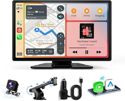 Carplay Screen for Car, 9" Android Auto Screen Compatible with A-pple Carplay, Portable Wireless Car Stereo Audio Receivers with Backup Camera, MirrorLink, Siri, BT, AUX, Navigation for All Vehicles