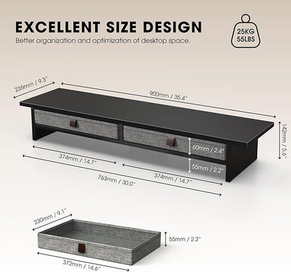 Fenge Monitor Stand with Drawer, 2 Tiers Dual Monitor Riser for Desk, 35 Inch Computer Stand for 2 Monitors, Desk Shelf for Home, Office, Laptop, PC, TV, Printer