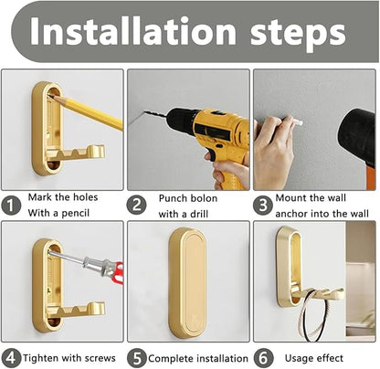 4PCS Gold Foldable Wall Hooks, Metal Folding Hooks Wall Mount, Easy Installation, Suitable for Bathroom Kitchen, Flip Down Hook for Wal l Hanging Coat, Bag, Towel, Key, Hat (Gold)