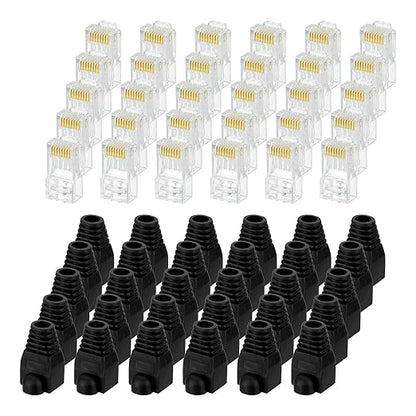 MECCANIXITY 100pcs Cat6 RJ45 Pass Through Connectors, RJ45 Connector 8P8C Gold Plated Plugs with 100pcs Black Strain Relief Boots for Solid or Stranded UTP Ethernet Cable, 1.1mm
