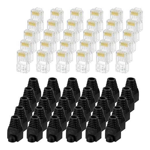 MECCANIXITY 60pcs Cat6 RJ45 Pass Through Connectors, RJ45 Connector 8P8C Gold Plated Plugs with 60pcs Black Strain Relief Boots for Solid or Stranded UTP Ethernet Cable, 1.1mm