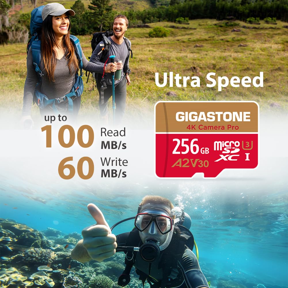 【5-Years Data Recovery】 GIGASTONE 256GB Micro SD Card, 4K Camera Pro, A2 V30 for Smartphone, Gopro, Action Cams, 4K UHD Video, Nintendo-Switch Compatible, Up to 100MB/s, UHS-I U3 C10 with Adapter