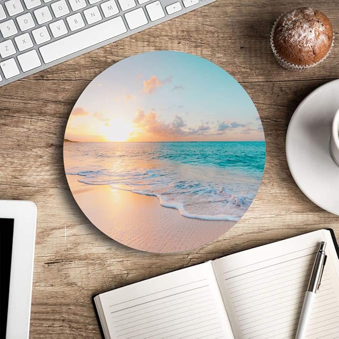 Round Mouse Pad, Beach Customized Premium-Textured Mouse Mat, Washable Mousepads with Lycra Cloth, Non-Slip Rubber Base Small Mousepad, 7.9×7.9×0.12 inches (Beach)