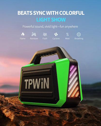 TPWIN Bluetooth Speaker - 80W Loud Rugged Outdoor Speakers, IPX6 Waterproof, 20H Playtime, Deep Bass, Lightshow, TWS, BT 5.3 Wireless, Portable for Travel Hiking Camping Beach Pool - Green