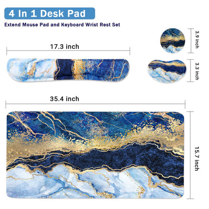 4-in-1 Large Gaming Mouse Pad, Keyboard Wrist Rest Pad & Wrist Support Mousepad Set, Extended Desk Pad Waterproof Desk Mat for Home Office Study Game - Blue Gold Marble