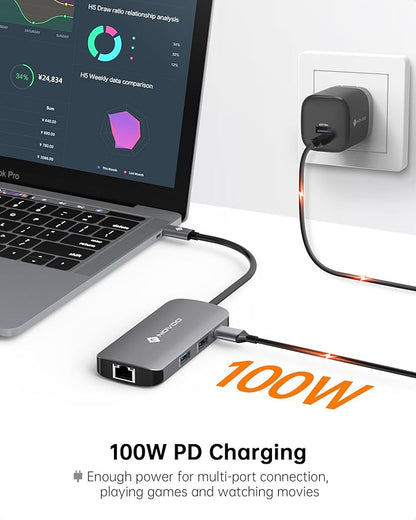 NOVOO USB C Hub Ethernet 4K@60 USB C HDMI Adapter Multiport Type C Adapter 4 USB 3.0 & USB2.0 Dongle 100W PD Dock Docking Station for MacBook Pro Air Apple iPad Pro Steam Deck Dell HP Lenovo 7-in-1