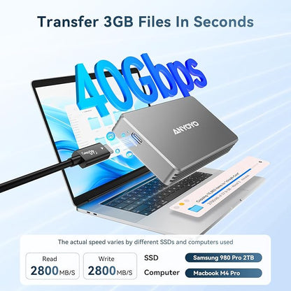 ANYOYO 40Gbps M.2 NVMe SSD Enclosure with Aluminum Alloy for M1 M2 Pro/Max, NVMe Enclosure Compatible for Thunderbolt 3/4/5/USB4/3.2/3.1 Support M/B+M Key Size 2230/2242/2260/2280 up to 2700 MB/s