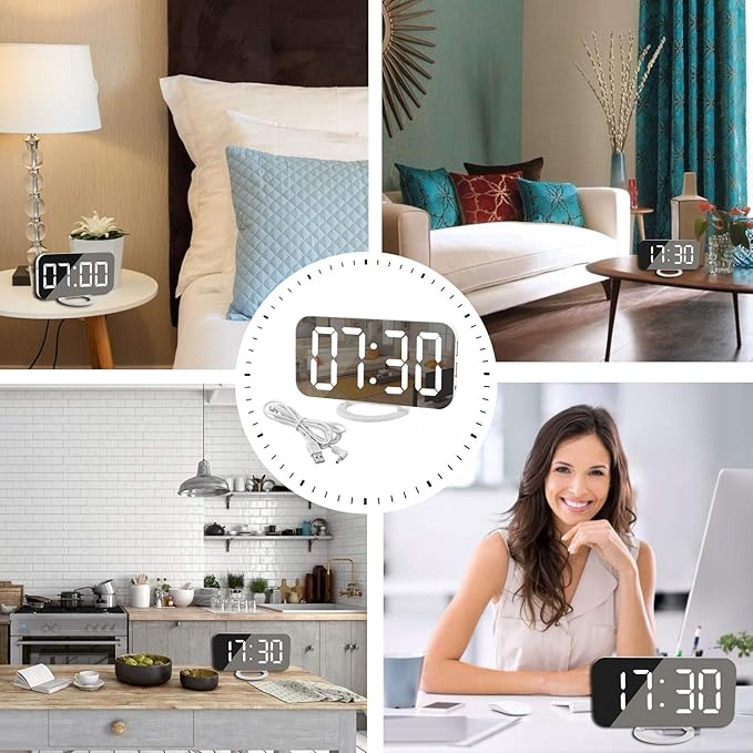 SZELAM Digital Clock Large Display, LED Electric Alarm Clocks Mirror Surface for Makeup with Diming Mode, 3 Levels Brightness, Dual USB Ports Modern Decoration for Home Bedroom Decor-White (001)
