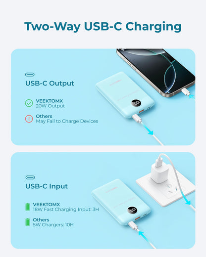 VEEKTOMX 10000mAh Mini Power Bank, 22.5W Fast Charger for iPhone Android