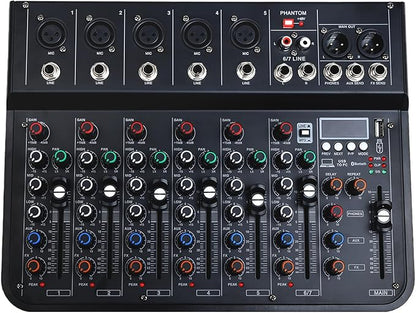 7 Channel mixer, DJ Mixer Board with Bluetooth and Usb, Audio Sound Card with Interface Recording and 48V Phantom Power, Sounds Mixer Board with FX Reverb Delay Effect for Streaming