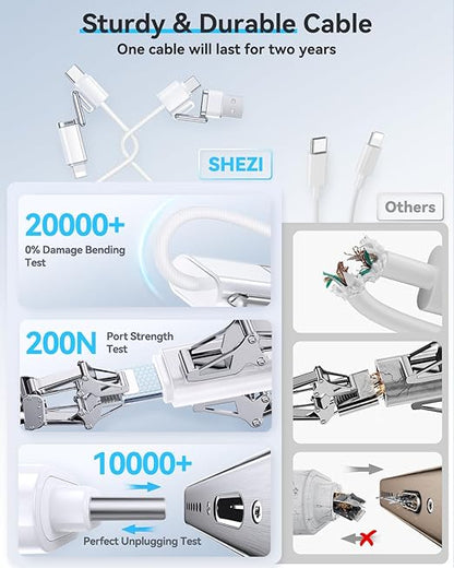 SHEZI 4-in-1 USB C Cable Compatible With Lightning Cable 60W Fast Charging & Data Transfer, Support to CarPlay & Android Auto, 5FT Travel Multi Cord Charger Combo for iPhone/iPad/Samsung/MacBook Cable