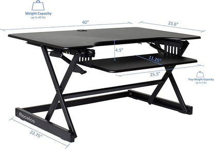 Rocelco 40" Large Height Adjustable Standing Desk BUNDLE - Quick Sit Stand Up with Floor Stand - Tall Gas Spring Assist Computer Workstation - Retractable Keyboard Tray - Black (R DADRB-40-FS2)