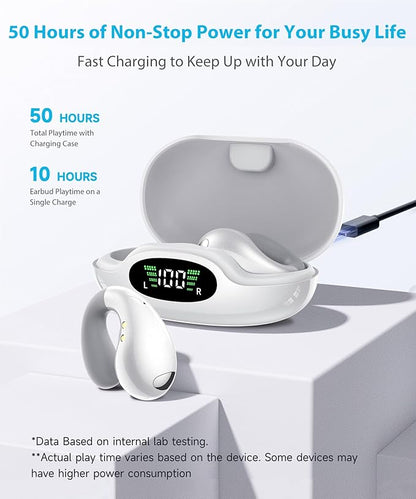 Ultra Open-Ear-Earbuds Wireless Bluetooth - Ergonomic Clip-On Earbuds, Bone Conduction Over-The-Ear Headphones with Waterproof Design and Secure Fit for Small Ears, Elegant White