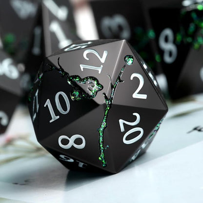 Glitter Green DND Metal Dice, DNDND 7 PCS Flower Metallic DND Dice Set with Gorgeous Gift Case for Dungeons and Dragon Tabletop Game (Matte Black with Glitter Green Flower)