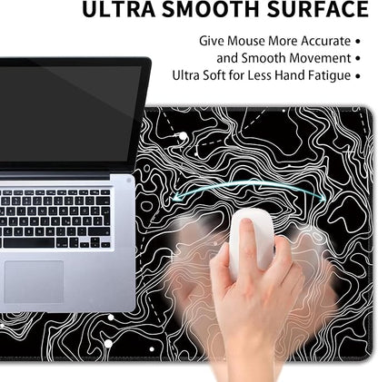 Black with White Topographic Line Large Mouse Pad,Gaming Keyboard Desk Pad,Extended Mouse Mat Non-Slip Rubber Base with Stitched Edges for Office Game Home XL 31.5"x11.8"