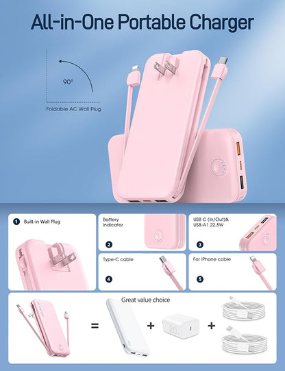 Portable Charger with Built in Cable and AC Wall Plug, USB C Power Bank 12000mAh 22.5W Super Fast Charging, Lightweight Portable Phone Charger Travel Battery Pack for iPhone, ect