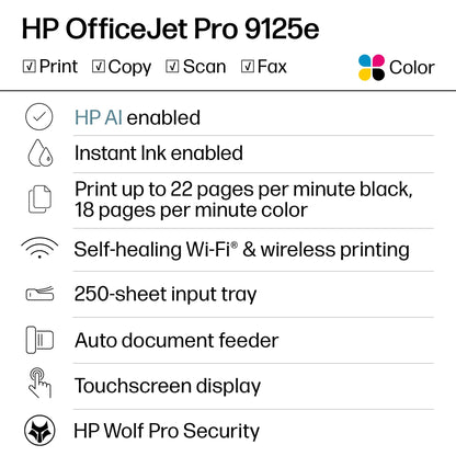 HP OfficeJet Pro 9125e Wireless All-in-One Color Inkjet Printer, Print, scan, copy, fax, ADF, Duplex printing best-for-office, 3 month Instant Ink trial included, AI-enabled (403X0A)