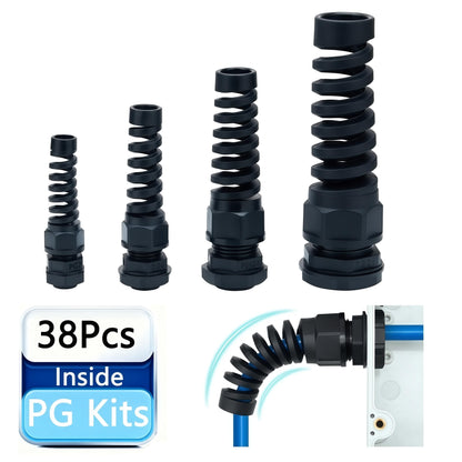 38 Pcs PG7~21 Kit Cable Gland 3-18mm Nylon Strain Relief Spring IP68 PA66