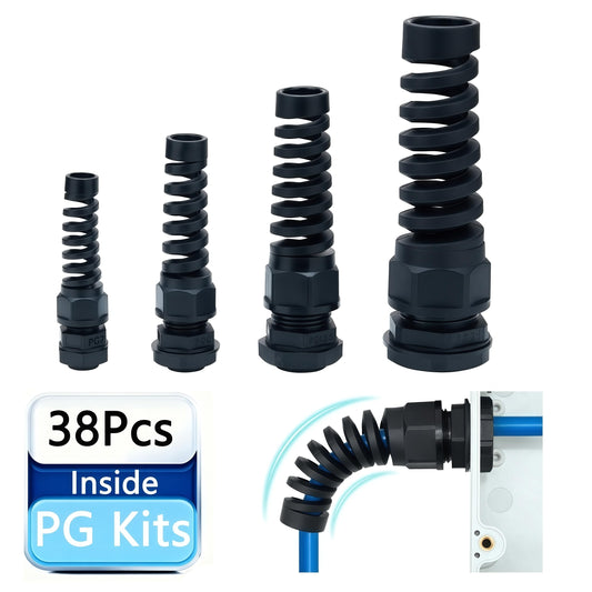 38 Pcs PG7~21 Kit Cable Gland 3-18mm Nylon Strain Relief Spring IP68 PA66