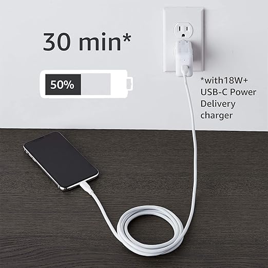 Amazon Basics USB - C to Lightning ABS Charger Cable, MFi Certified Charger for Apple iPhone 14 13 12 11 X Xs Pro, Pro Max, Plus, iPad, 6 foot, White