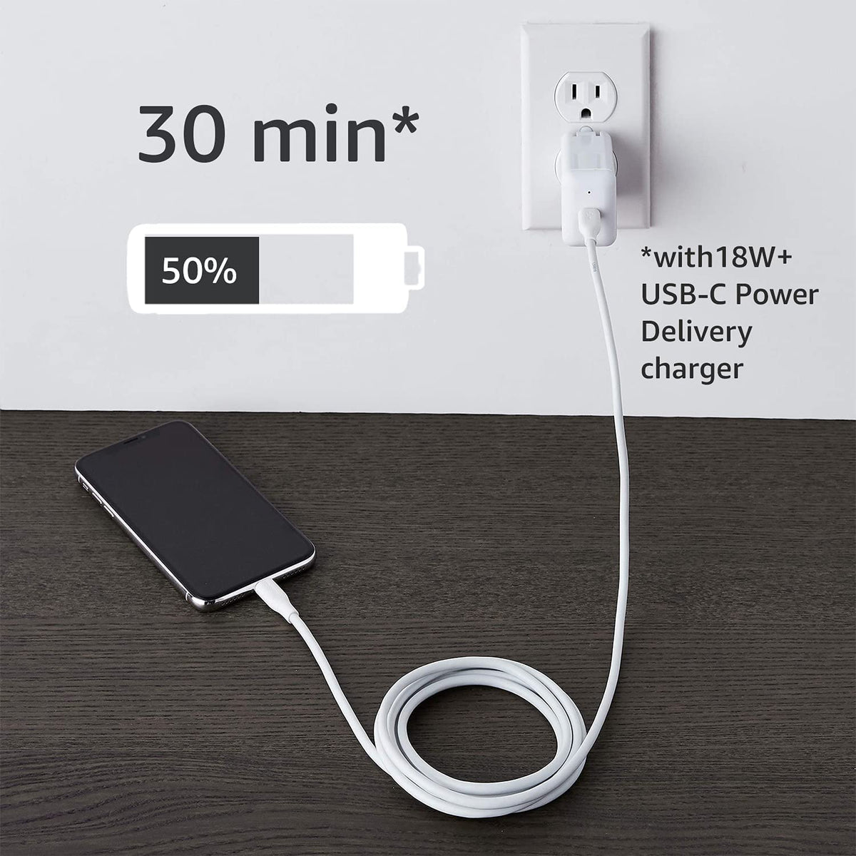 Amazon Basics USB-C to Lightning Charger Cable, Apple MFi Certified for iPhone 14 13 12 11 X Xs Pro, Pro Max, Plus, iPad, Fast Charging, High Speed Data Sync, 6 ft, White