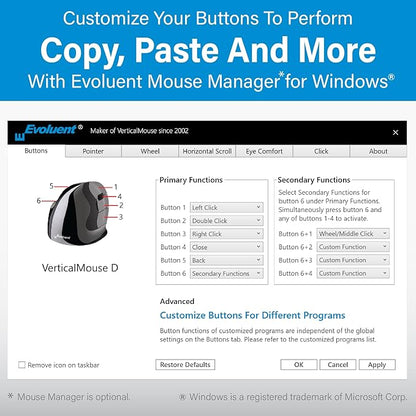 Evoluent – Inventor of The Vertical Mouse – VM4SW Ergonomic Vertical Mouse Right Hand Small Wireless USB, Sculpted for Comfort, Reduces Wrist Strain, Adjustable Speed, Customizable Buttons in Windows