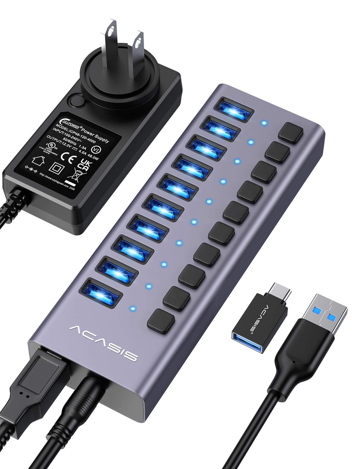 ACASIS Powered 16 Ports USB 3.2 Hub, 10Gbps Data Transfer, 96W Adapter
