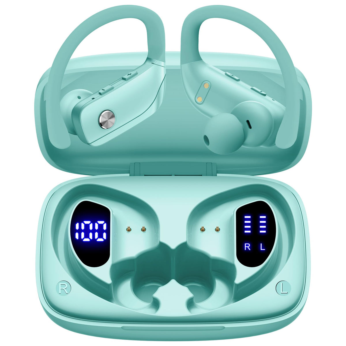 bmani Ear Buds Wireless Earbuds Bluetooth Headphones with 80H Playtime LED Display Case, Over-Ear Hook with Mic, Stereo Sound, Easy Button Controls, Sports Earphones for Running Workout Gym Mint Green