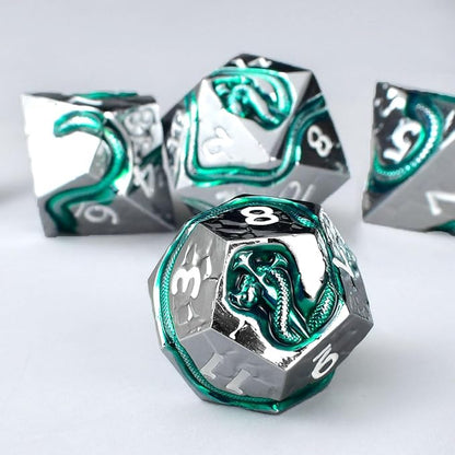 RULE DICE Serpent's Cunning Metal DND Dice Set - 7pc Polyhedral D&D Dice for Dungeons and Dragons, RPGs Like Pathfinder - Emerald Green Snake Design, Balanced for Critical Rolls