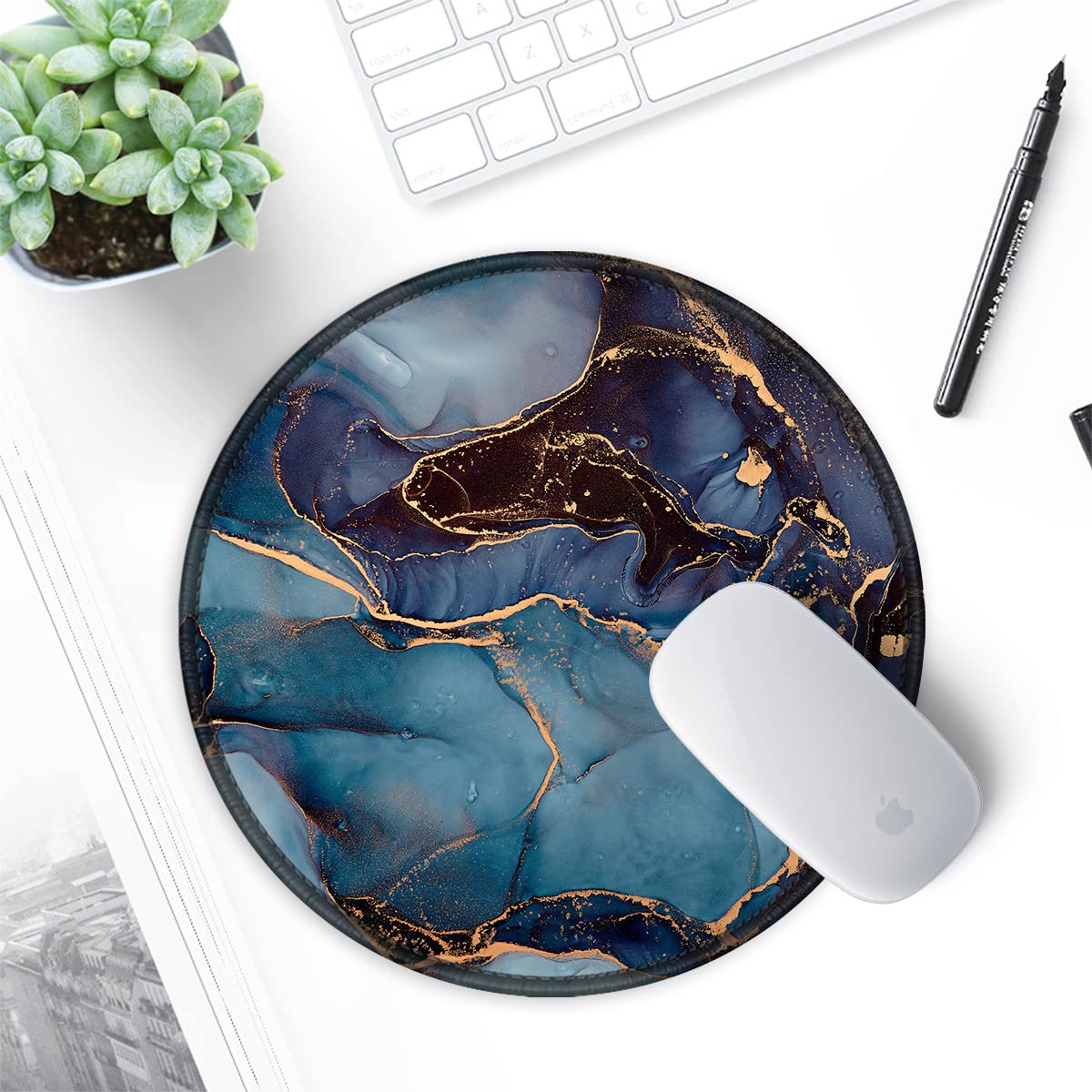 ITNRSIIET Round Mouse Pad with Stitched Edge Premium-Textured Waterproof Non-Slip Rubber Base Desktop Protection Mat Diameter 8.7 inches, Blue and Black Marble
