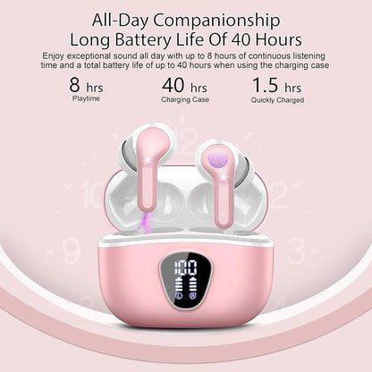 Wireless Earbuds, Bluetooth 5.4 Headphones HiFi Stereo, Bluetooth Earbuds with ENC Noise Cancelling Mic, IP7 Waterproof in Ear Earphones, 48H, LED Display Ear buds for Pad Phone Workout Sports, Pink