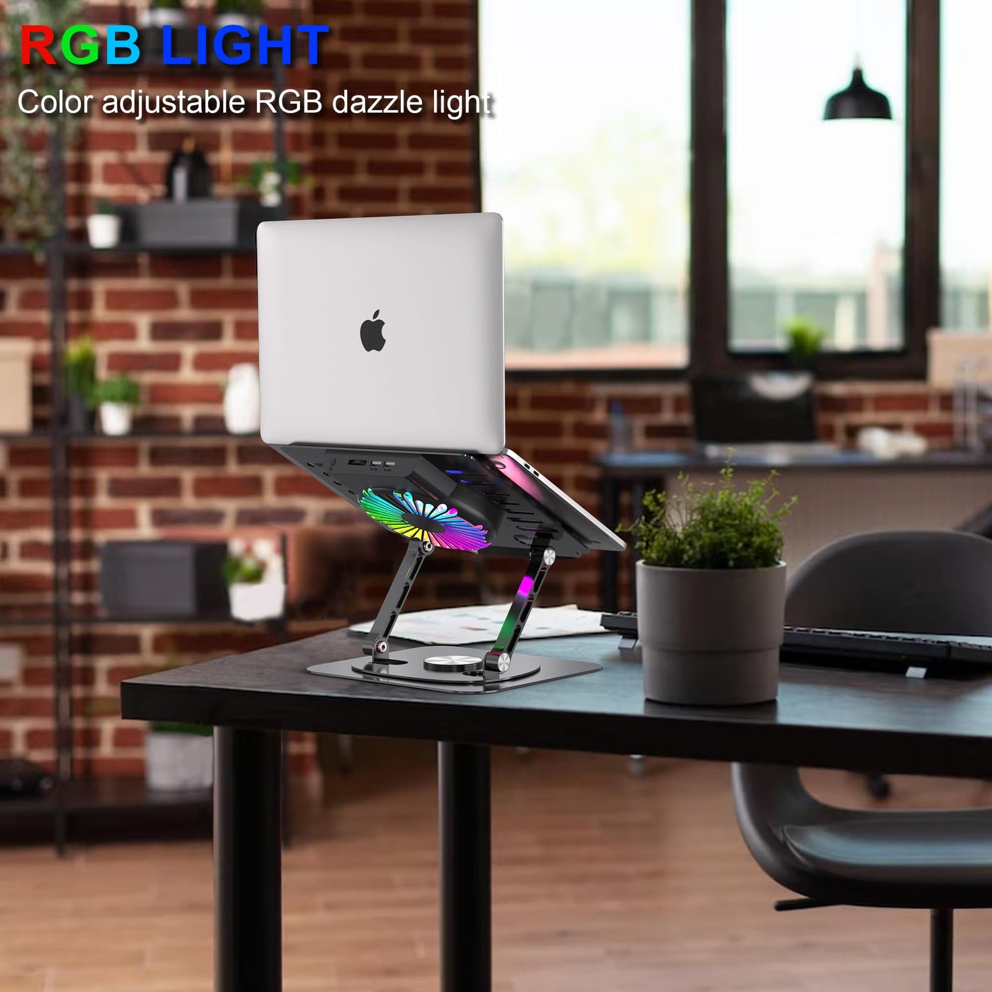 YTech Laptop Stand,with 360°Rotating Base,External Cooling Fan,Adjustable RGB Lighting,Ergonomic Foldable Notebook Computer Holder.Compatible with All 10-17" Laptops Tablets,Black, E0B22-01