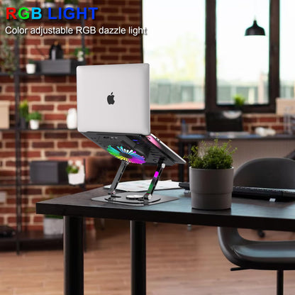 YTech Laptop Stand,with 360°Rotating Base,External Cooling Fan,Adjustable RGB Lighting,Ergonomic Foldable Notebook Computer Holder.Compatible with All 10-17" Laptops Tablets,Black, E0B22-01