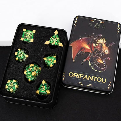 Metal DND Dice Set with Box, Debris RPG Green Golden D and D Dice for use with D&D Tabletop Games Role Playing Game Polyhedral Dice Set D20 D12 D10 D8 D6 D4