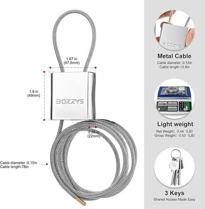 Cable Lock with 3 Keys | L 6.56ft(2m),D 1/6in(4mm) Adjustable Steel Cable Padlock | Aluminum Locks for Bikes, Gate, Lockers & Outdoor Gear | Weatherproof& Silver