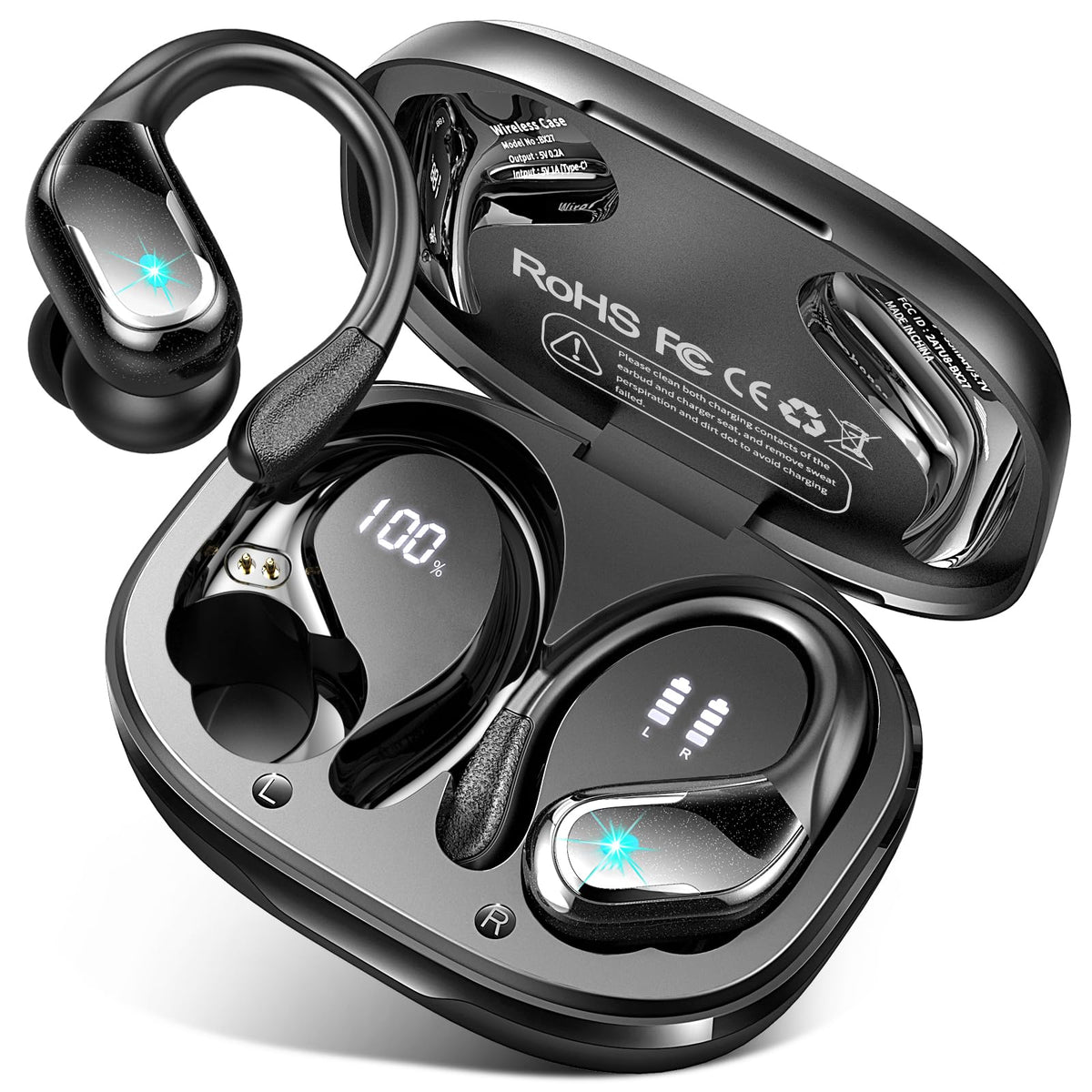 Ltinist Wireless Earbud, Bluetooth 5.3 Headphones Pure Bass Sound with Earhooks, 75H Battery Over Ear Headphones with Dual-LED Display, IP7 Waterproof Earphones Built-in Microphone for Running Sports