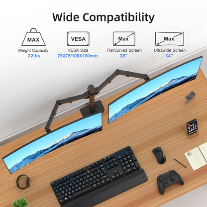 Suptek Dual Monitor Arm Desk Mount,Ultrawide Dual Monitor Arm for 2 Monitor Screens up to 38 inches and Max 22lbs Each,Extra Tall 15.75" Pole Fully Adjustable Monitor Stand for Desk,Black(MD9442MB)