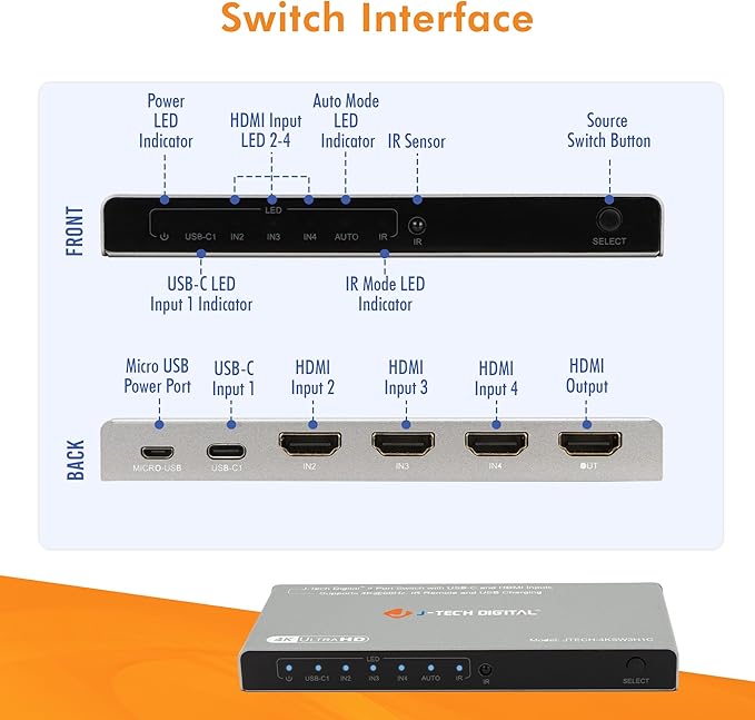 J-Tech Digital 4K 60Hz 4x1 HDMI & USB-C Switch | 3 HDMI + 1 USB-C Input, 1 HDMI Output | Compatible w/HDR & Dolby Vision | IR Remote, Auto Switch, CEC, Digital Audio [JTECH-4KSW3H1C]