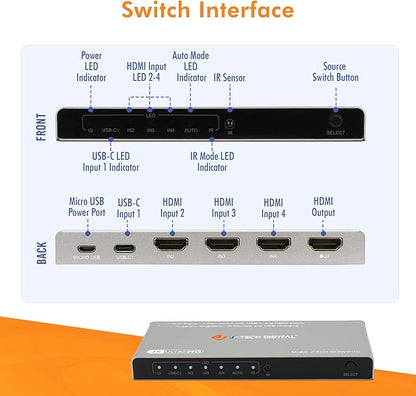 J-Tech Digital 4K 60Hz 4x1 HDMI & USB-C Switch | 3 HDMI + 1 USB-C Input, 1 HDMI Output | Compatible w/HDR & Dolby Vision | IR Remote, Auto Switch, CEC, Digital Audio [JTECH-4KSW3H1C]