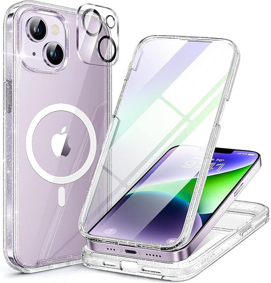 Miracase Magnetic for iPhone 14 Case 6.1", [Built-in Tempered Glass Screen Protector + Lens Protector] [Compatible with MagSafe] Full-Body Protective Bumper 14 Phone Cover, Clear Glitter