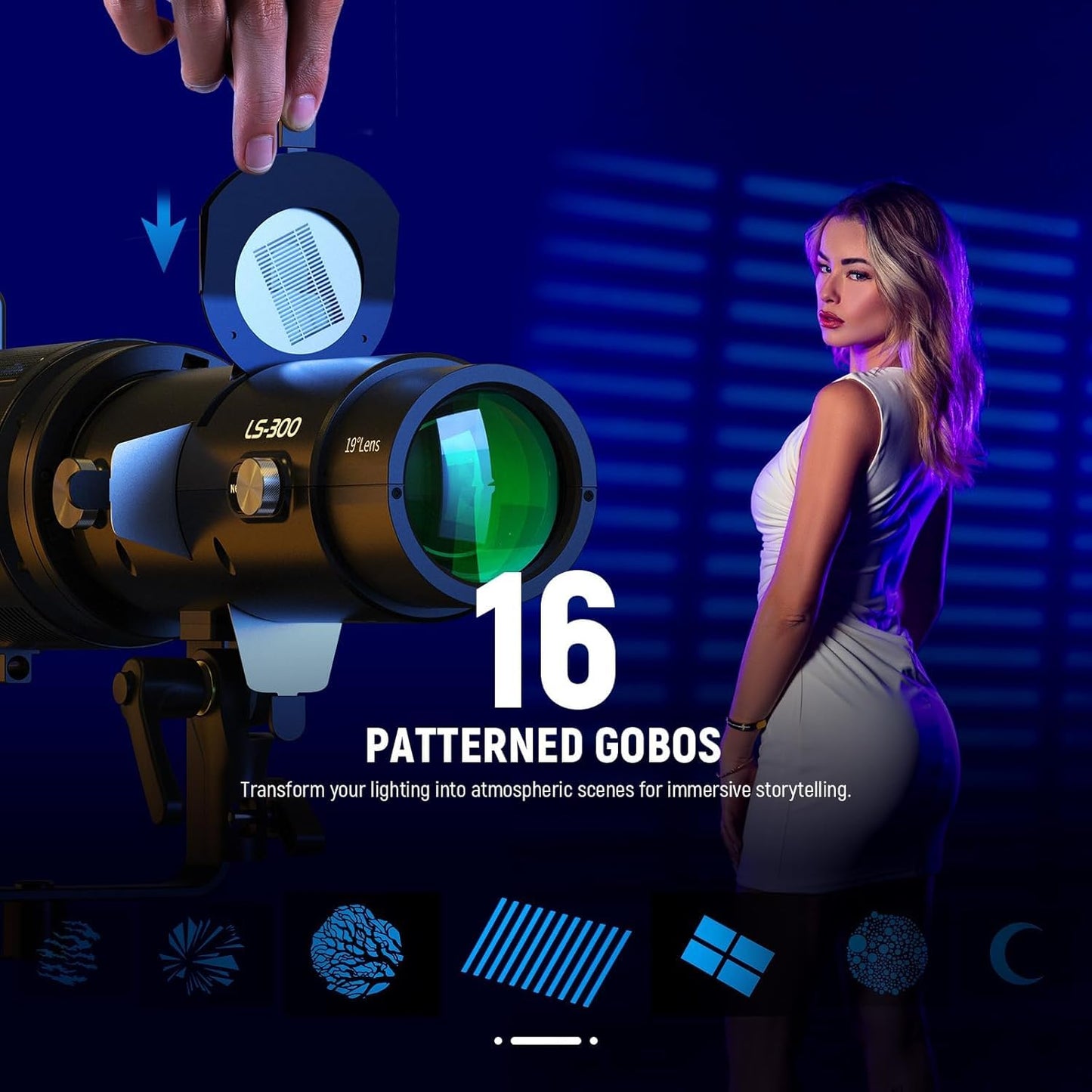 NEEWER LS-300 Spotlight Optical Snoot for 300W Bowens Mount LED Video Lights with 16x GOBO 19° Projection Lens 98% Light Transmittance Geometric Shaper for Creative Photography & Enhanced Illuminance