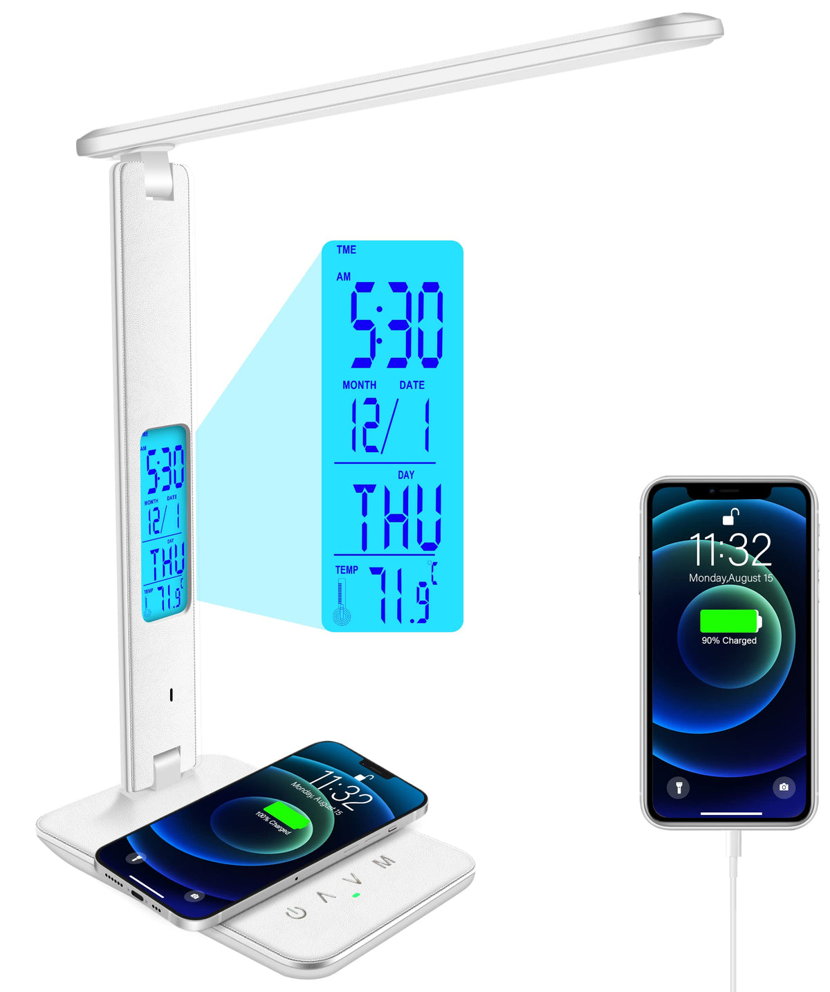 snsok Desk Light with Wireless Charger, USB Charging Port, Dimmable Office Desk Lamp with Clock, Alarm, Date, Temperature, Foldable Lamp for Table Bedroom Bedside Office