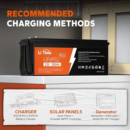 Litime 12V 200Ah Plus Lithium LiFePO4 Battery, Built-in 200A BMS, 4000+ Deep Cycles, Max 2560W Power Output, FCC&UL Certificates, 10-Year Lifetime, Perfect for RV, Solar, Marine, Off-Grid, etc.