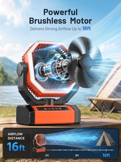 Battery Powered Fan - 9-Inch Rechargeable Fan Portable, 24000mAh(60Hrs) Camping Fans for Tent, Auto Oscillation Cordless, Tent Fans for Camping with Remote/light, 4 Speeds, 4 Timing, Outdoor