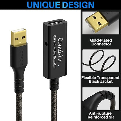 Active USB Extension Cable 100 Feet, USB 2.0 A Male to Female Repeater Cord, with 2 Extension Chipsets Signal Booster, 22AWG Tinned Pure Copper, (AC Power Supply Included)