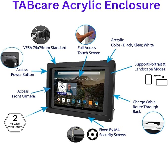 TABcare Anti-Theft Acrylic VESA Enclosure for Galaxy TAB Active3 & Active5 8.0 with Free Wall Mount Kit & 90-Degree Angle USB C Cable (White)