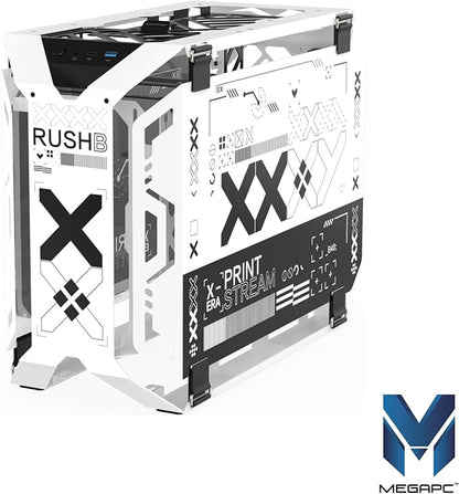 MegaPC X-Era Open-Frame Mid-Tower Micro-ATX/Mini-ITX Gaming Case – Tempered Glass Panels, High Airflow, ARGB Lighting, USB-C Port (Black/White/Print Stream, with Fans Only)