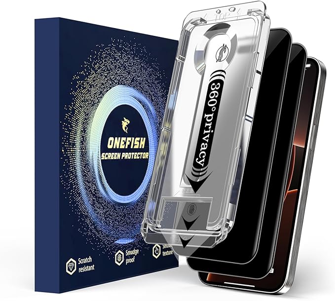 OneFish 2 Pack Privacy Screen Protector for iPhone 13 Pro Max/14 Plus - 4-Way 360° Anti-Spy Tempered Glass, 9H Hardness, 3D Curved Edges, Case-Friendly & Easy Installation