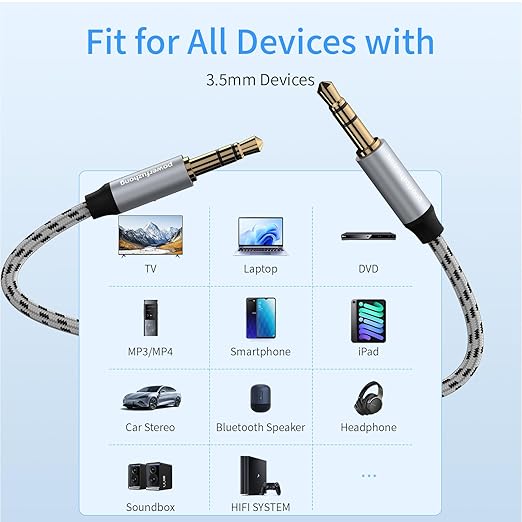 Aux Cable (20 ft), [Copper Shell, Hi-Fi Sound] 3.5 mm Male to Male Braided Auxiliary Cord Compatible with Headphone, Smartphone, Home/Car Stereo, Speaker, Echo & More