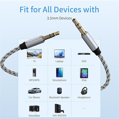 Aux Cable (20 ft), [Copper Shell, Hi-Fi Sound] 3.5 mm Male to Male Braided Auxiliary Cord Compatible with Headphone, Smartphone, Home/Car Stereo, Speaker, Echo & More